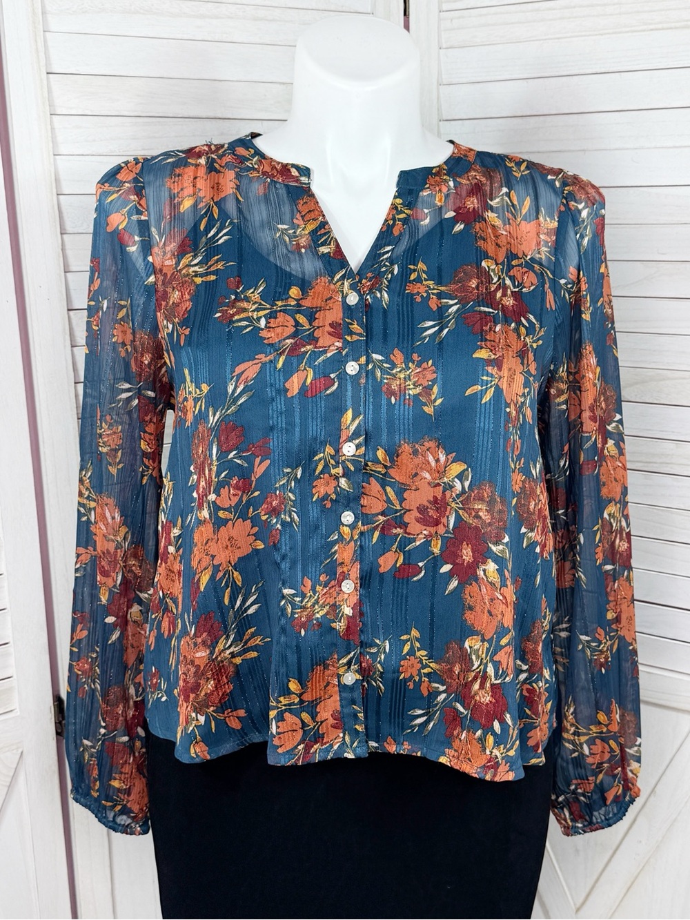Frye Floral Metallic Jacquard Sheer Blouse Teal Blue Burnt Orange Large Boho